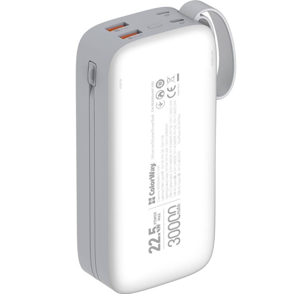 Powerbank COLORWAY 30000 mAh Powerful White (CW-PB300LPA4WT-PDD) Тип акумулятора Li-Pol