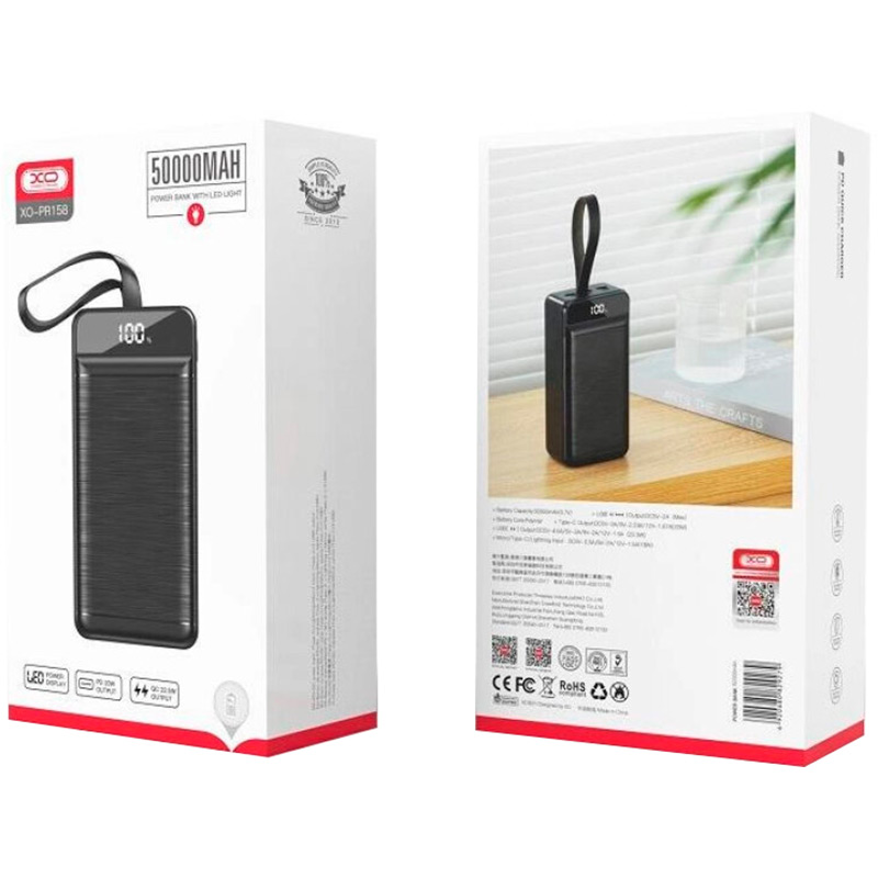 Зовнішній вигляд Powerbank XO PR158 50000 mAh 20W PD+QC Black (9869208124564)