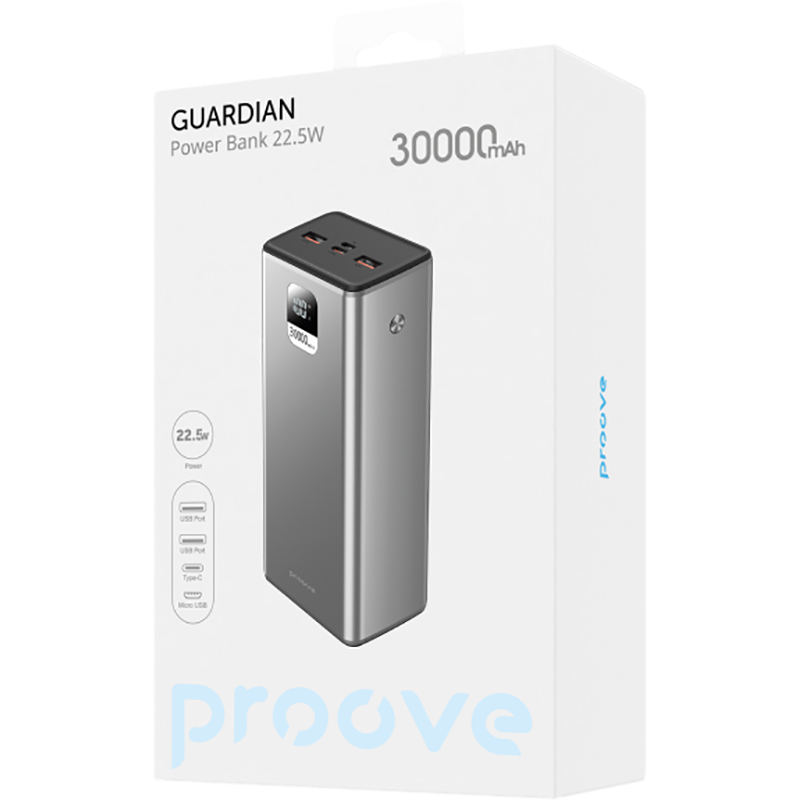 Powerbank PROOVE Guardian 22.5W 30000mAh Metal Gray (PBG322210004) Ємність 30000