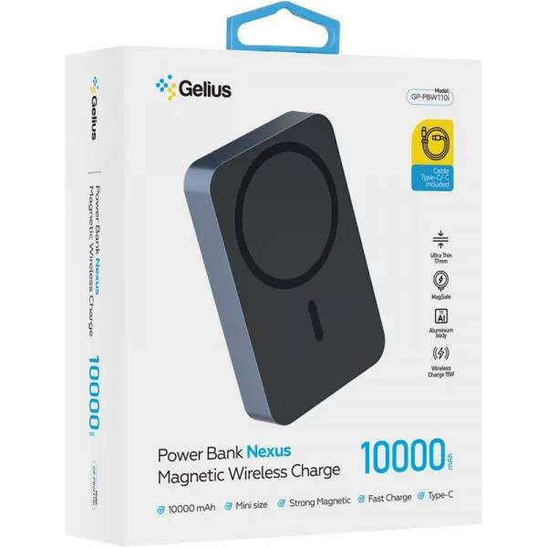 Замовити Powerbank GELIUS 10000 mAh Nexus Magnetic Wireless Charge 15W GP-PBW110i Blue (00000098434)