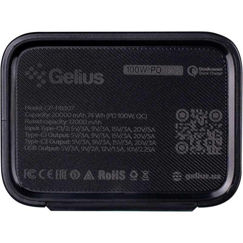 Powerbank GELIUS GT GP-PB307 QC+PD 100W 20000mAh Black (00000099212) Тип акумулятора Li-Ion