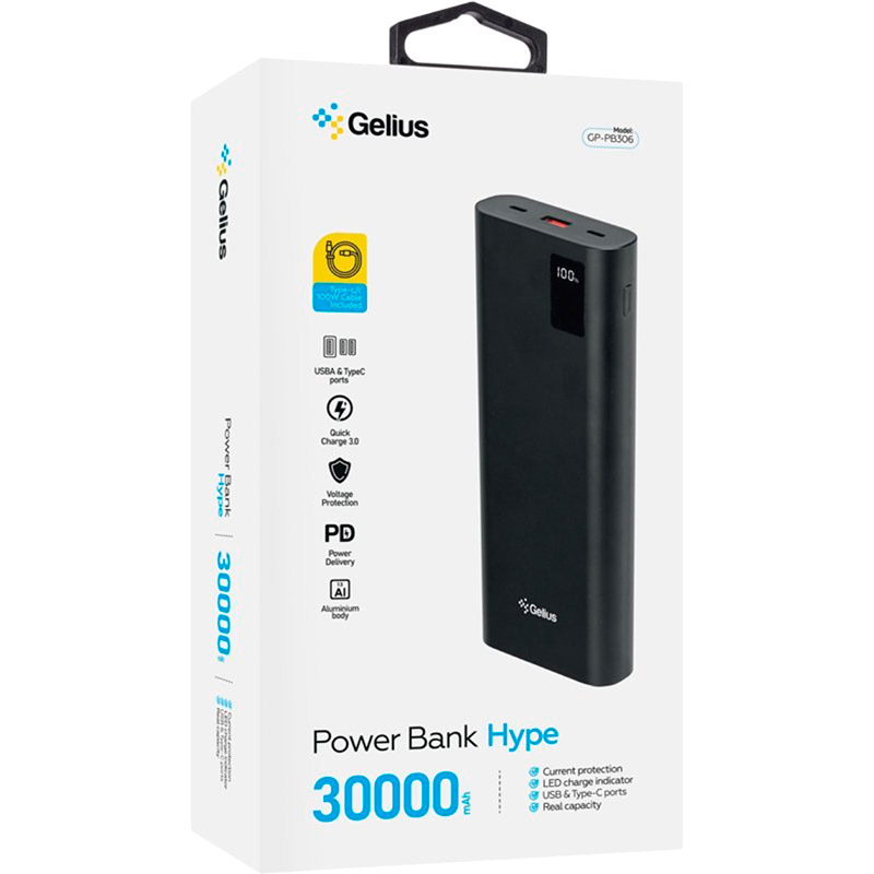 Зовнішній вигляд Powerbank GELIUS Hype 30000mAh QC+PD 100W GP-PB306 Black (00000099209)