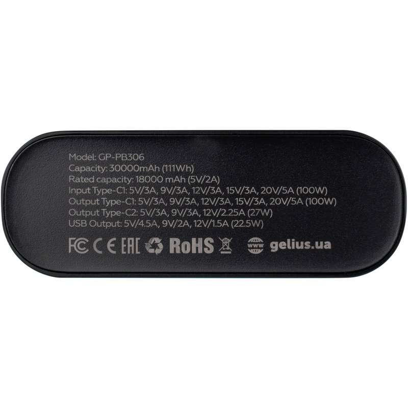 Powerbank GELIUS Hype GP-PB306 QC+PD 100W 30000mAh Black (00000099209) Тип акумулятора Li-Ion