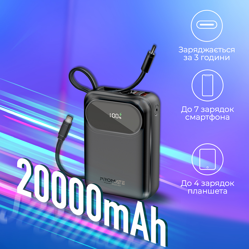 Powerbank PROMATE 20000mAh black (powerpod-20.black) Комплектація  УМБ, USB-C to USB-C кабель (30 см), Посібник користувача