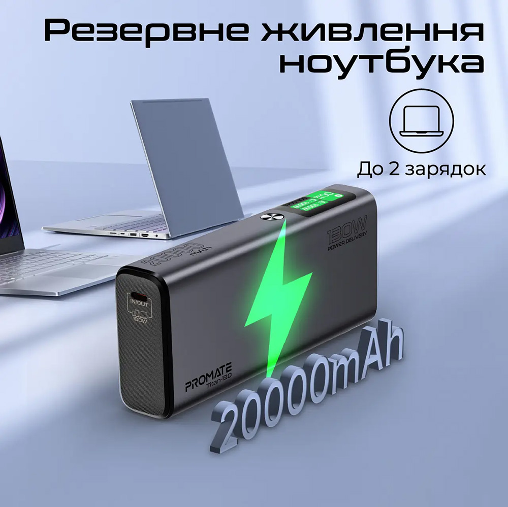 Powerbank PROMATE 20000mAh titan-130 Комплектация  USB-А to USB-C кабель 100W 0.6 м