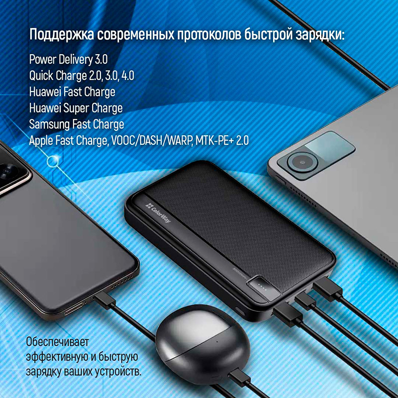 Powerbank COLORWAY High-power 20000 mAh Black (CW-PB200LPA4BK-PD) Тип аккумулятора Li-Pol