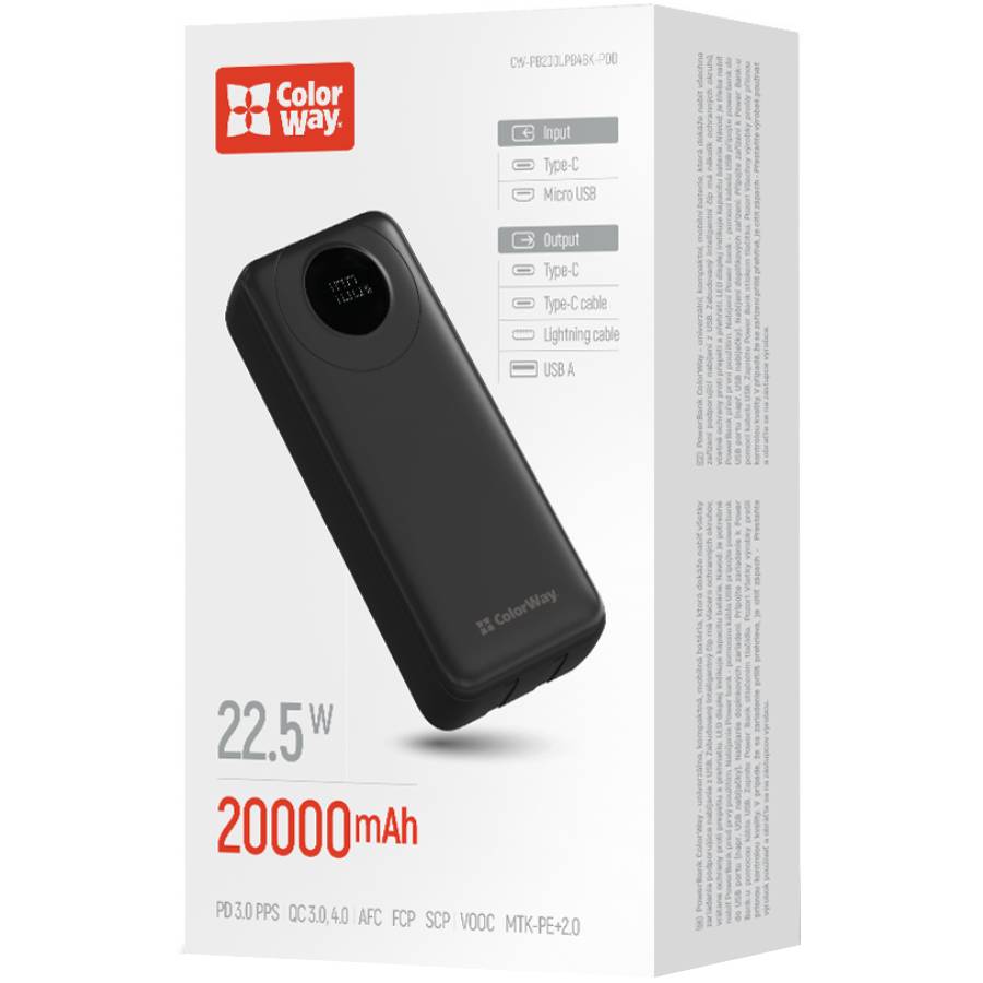 Зовнішній вигляд Powerbank COLORWAY 20000 mAh EnergyPlus LCD Black (CW-PB200LPB4BK-PDD)