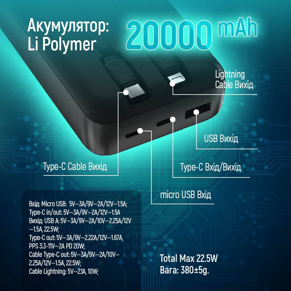 У Фокстрот Powerbank COLORWAY 20000 mAh EnergyPlus LCD Black (CW-PB200LPB4BK-PDD)