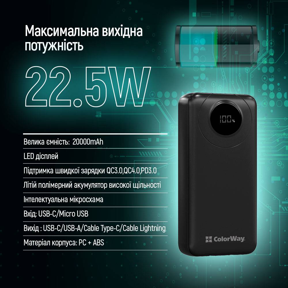 Зображення Powerbank COLORWAY 20000 mAh EnergyPlus LCD Black (CW-PB200LPB4BK-PDD)