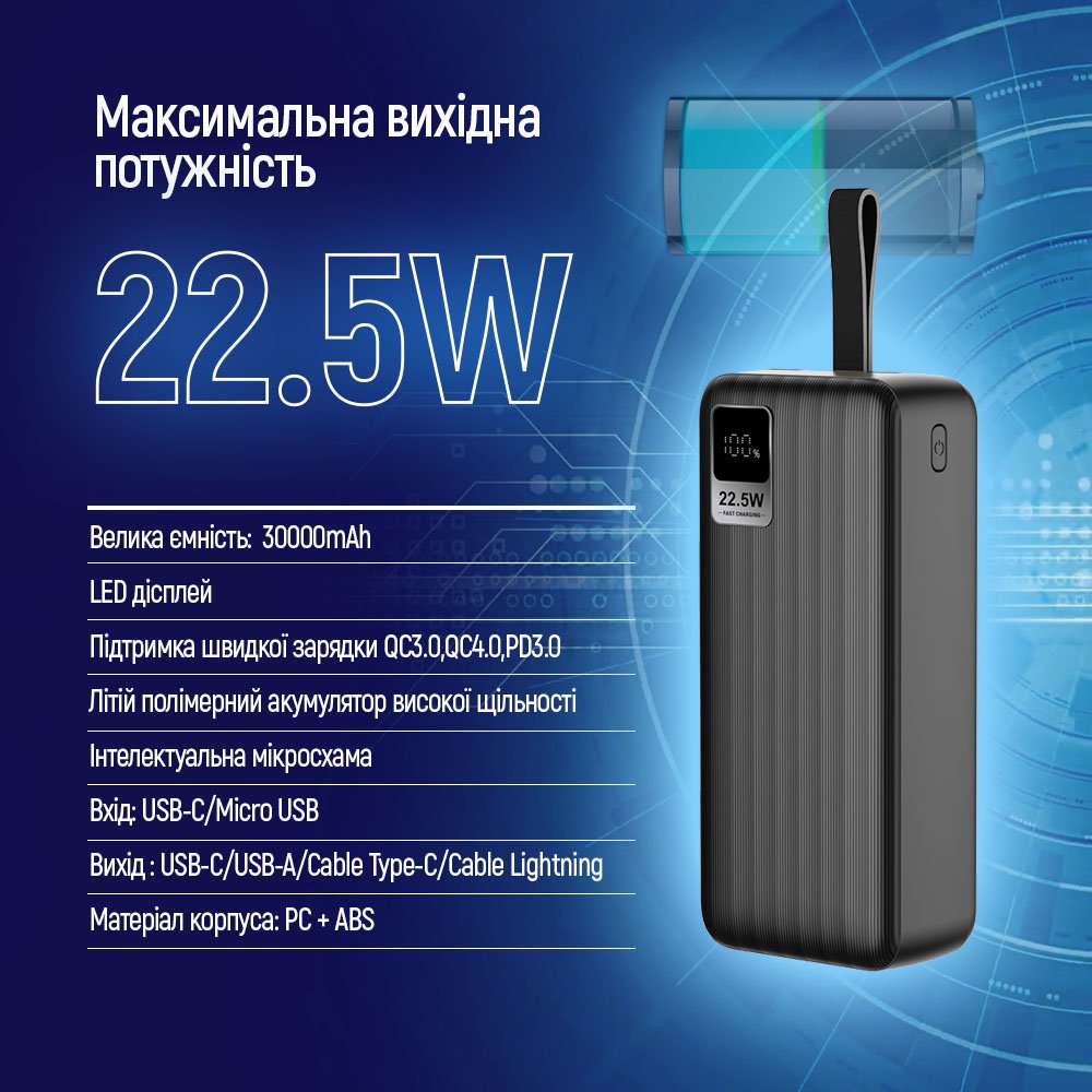 Изображение Powerbank COLORWAY 30000 mAh LCD Black (CW-PB300LPC5BK-PDD)