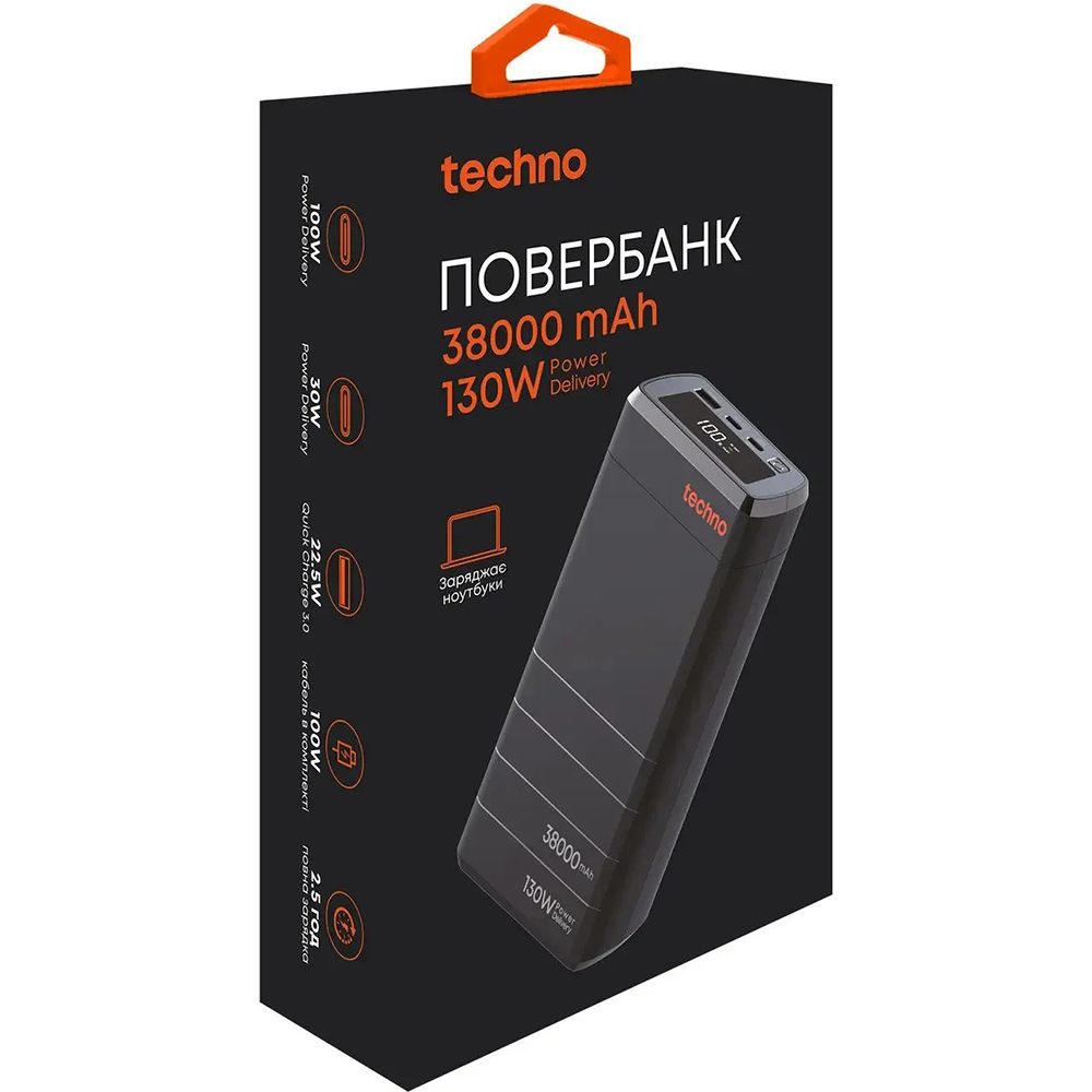 Powerbank TECHNO PDC130 38000mAh 130W Black (PDC130) Комплектация  УМБ; 100W USB-С/USB-C кабель; руководство пользователя