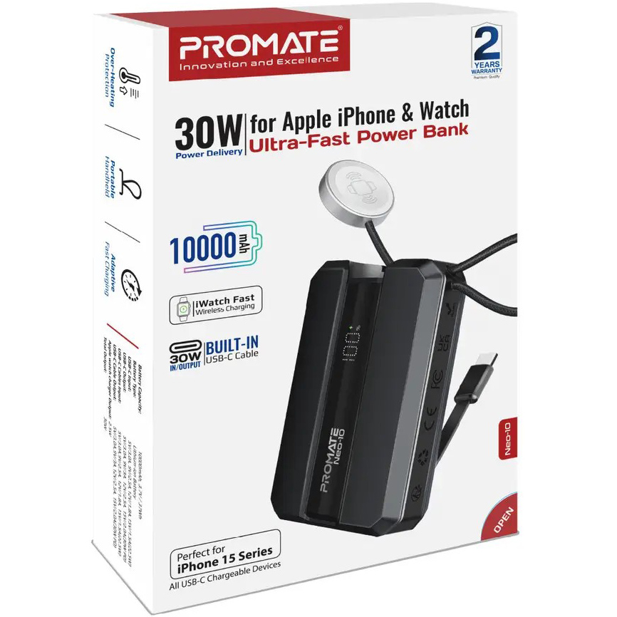 Powerbank PROMATE Neo-10 10000mAh Black (neo-10.black) Комплектація  УМБ; USB-C - USB-C кабель (10 см); Посібник користувача