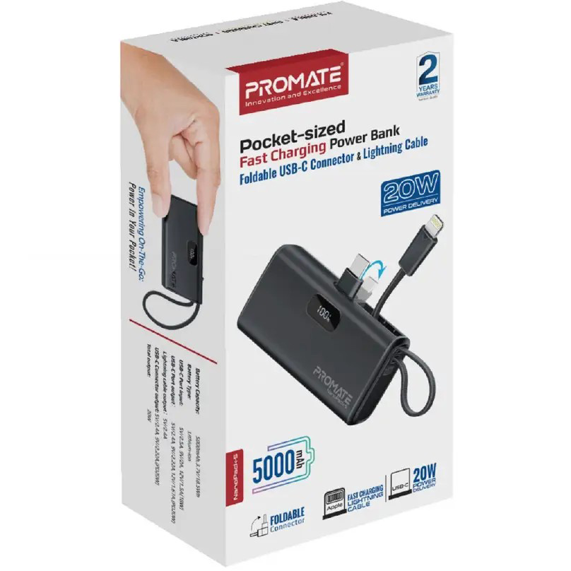 Powerbank PROMATE Nanopack-5 5000mAh Black (nanopack-5.black) Комплектация  УМБ; Зарядный кабель USB-C/USB-C (30 см); Руководство по эксплуатации