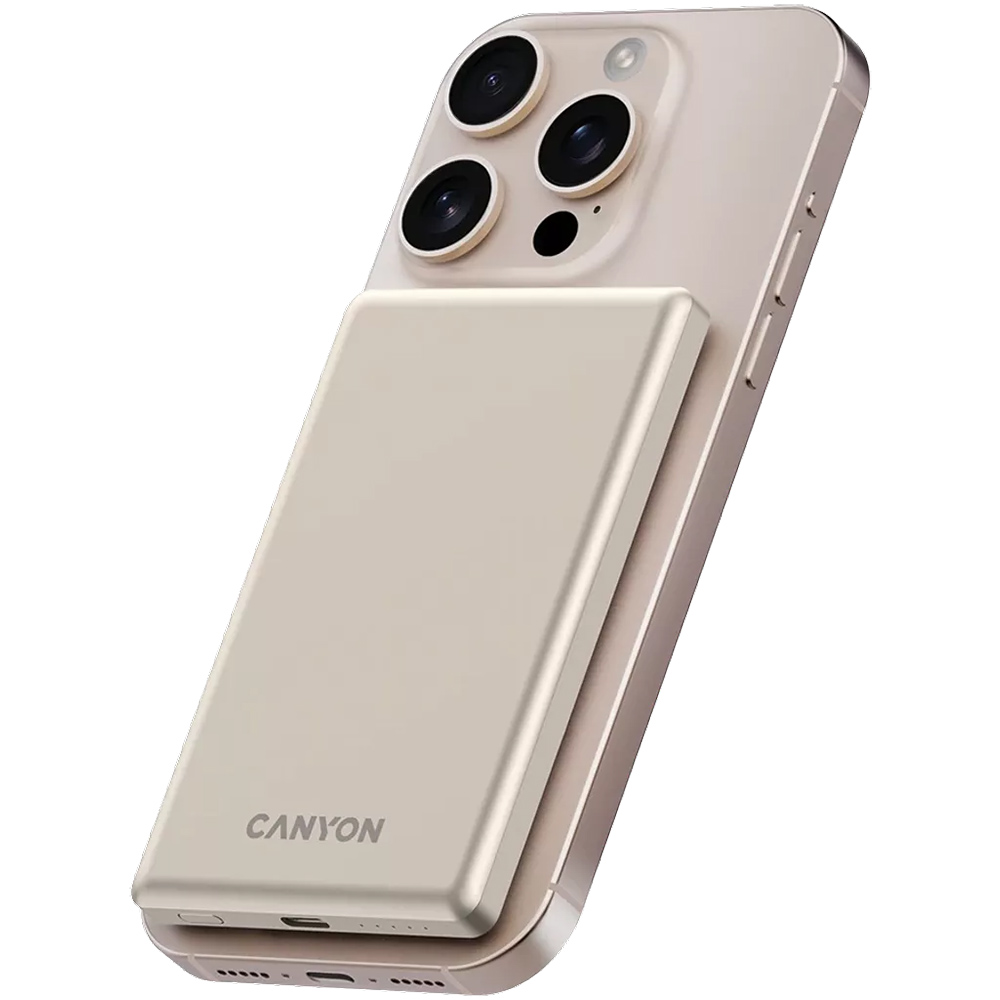 Зовнішній вигляд Powerbank CANYON 5000mAh OnPower 505 slim Magsafe PD20W Beige (CNS-CPB505BE)