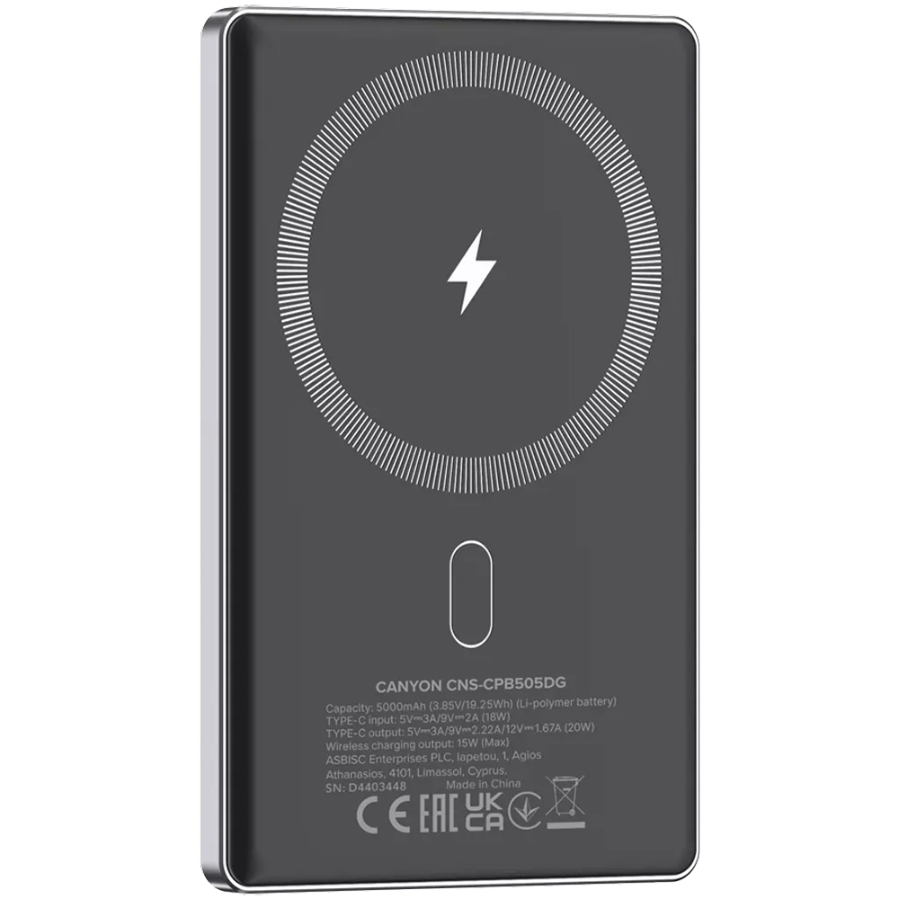 Powerbank CANYON 5000mAh OnPower 505 slim Magsafe PD20W Dark Grey (CNS-CPB505DG) Емкость 5000