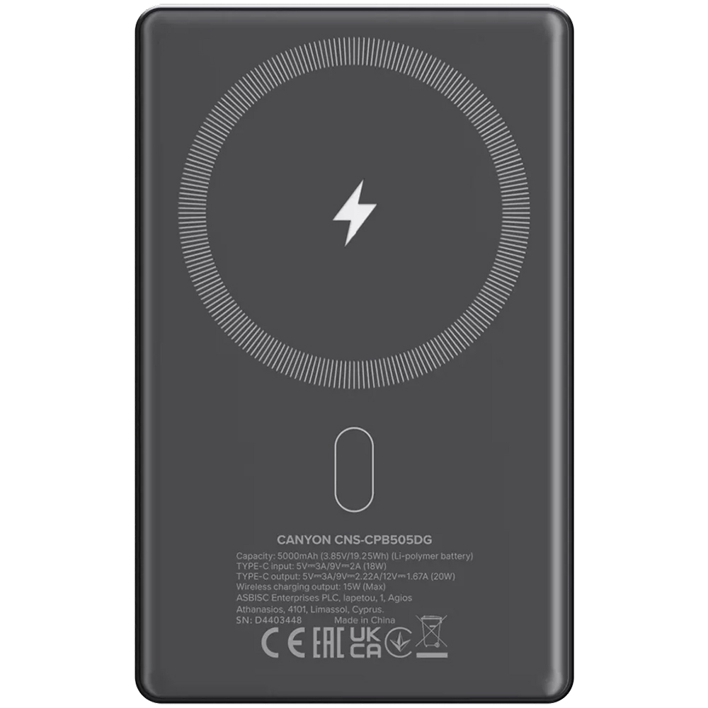 Powerbank CANYON 5000mAh OnPower 505 slim Magsafe PD20W Dark Grey (CNS-CPB505DG) Торговая марка CANYON