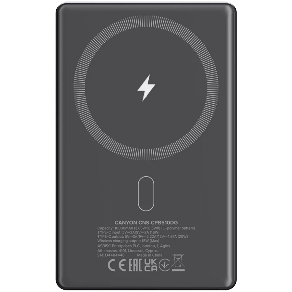 Powerbank CANYON 10000mAh OnPower 510 slim Magsafe PD20W Dark Grey (CNS-CPB510DG) Торгова марка CANYON