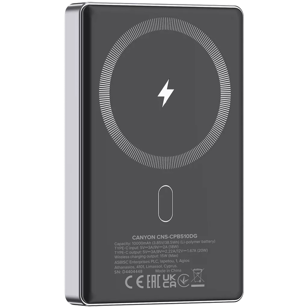 Powerbank CANYON 10000mAh OnPower 510 slim Magsafe PD20W Dark Grey (CNS-CPB510DG) Ємність 10000