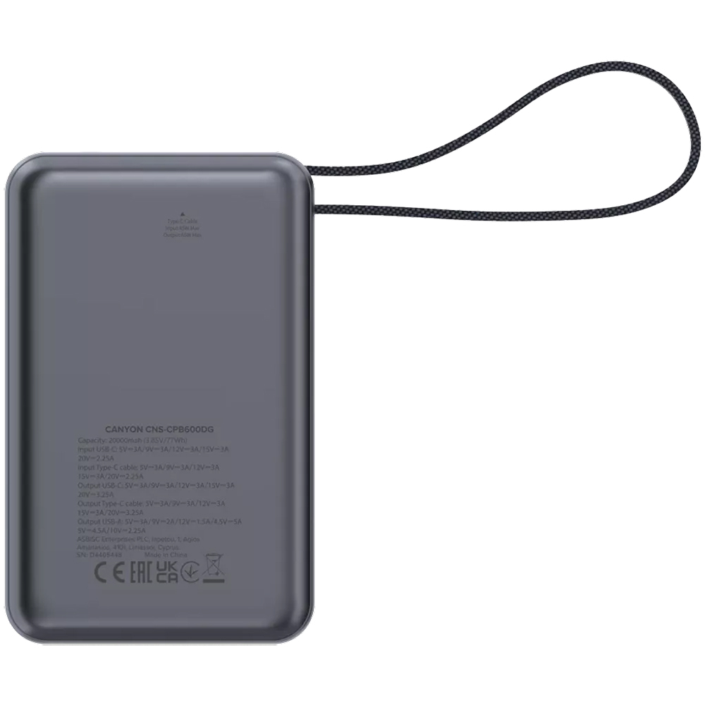 Зовнішній вигляд Powerbank CANYON 20000mAh OnPower 600 built-in cable PD65W Dark Grey (CNS-CPB600DG)