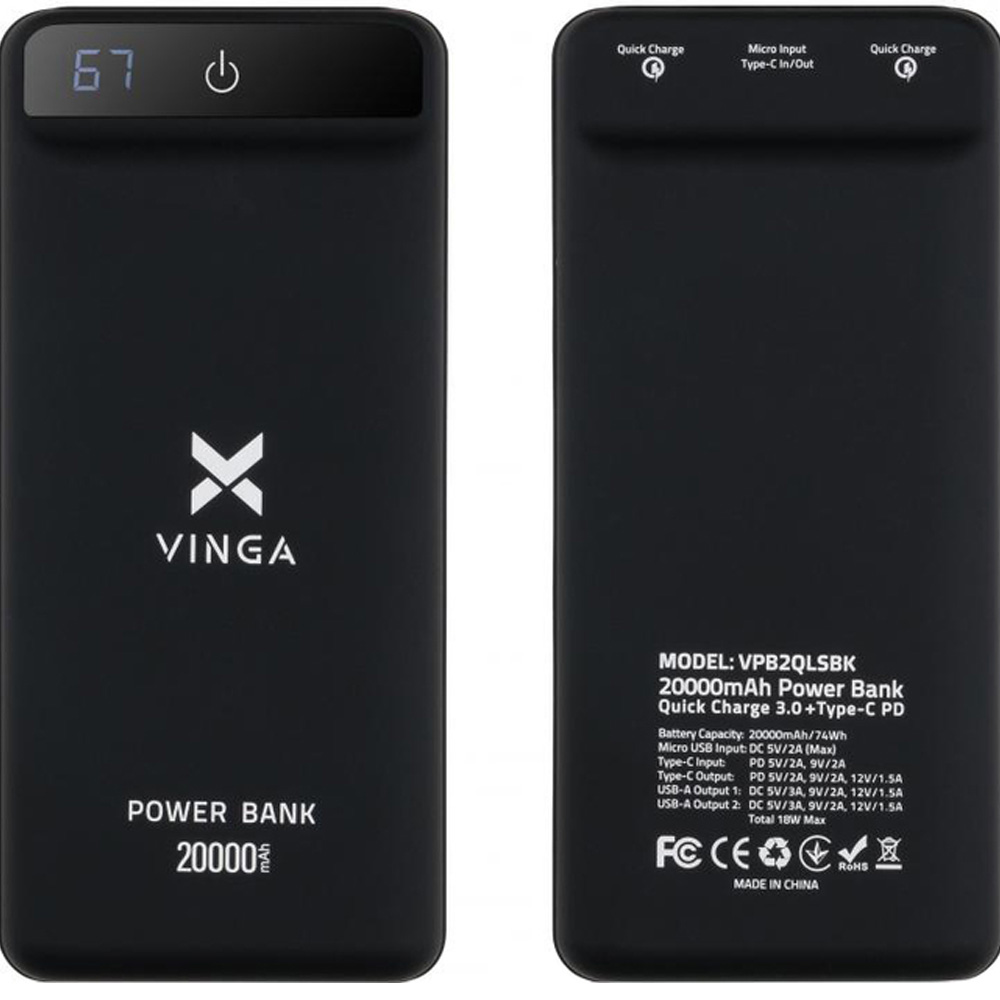 Зовнішній вигляд Rowerbank VINGA 20000 mAh QC3.0 Вlack (VPB2QLSBK)