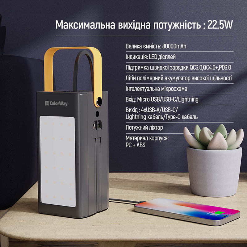 Покупка Powerbank COLORWAY 80000 mAh LCD/Lamp PD 22.5W Black (CW-PB800LPA8BK-PDD)