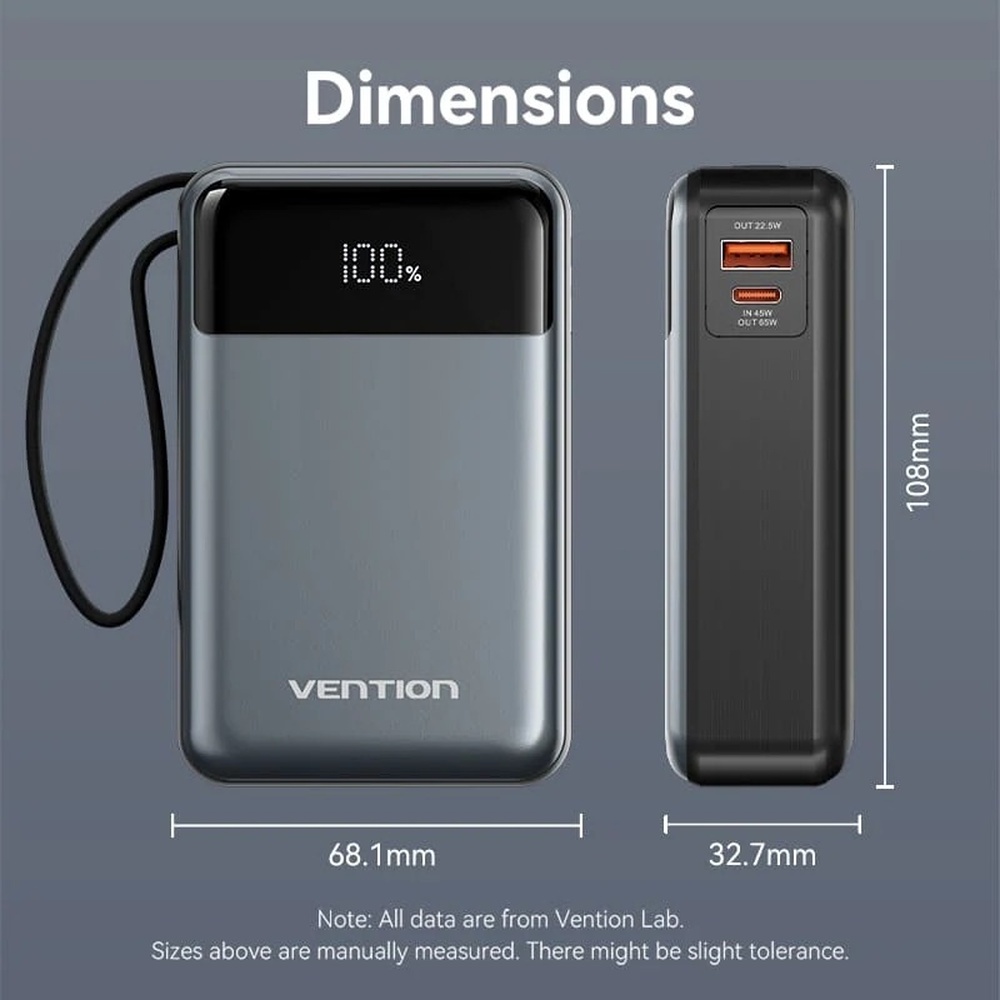 Powerbank VENTION 20000mAh 65W 3A PD, QC3.0 with Built-in USB-C Cable Black (FHYB0) Ємність 20000