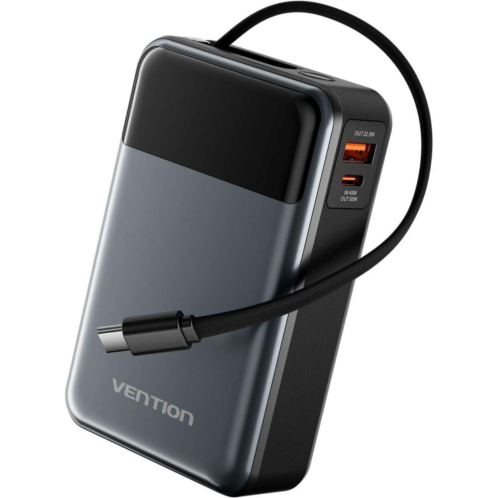 Powerbank VENTION 20000mAh 65W 3A PD, QC3.0 with Built-in USB-C Cable Black (FHYB0)