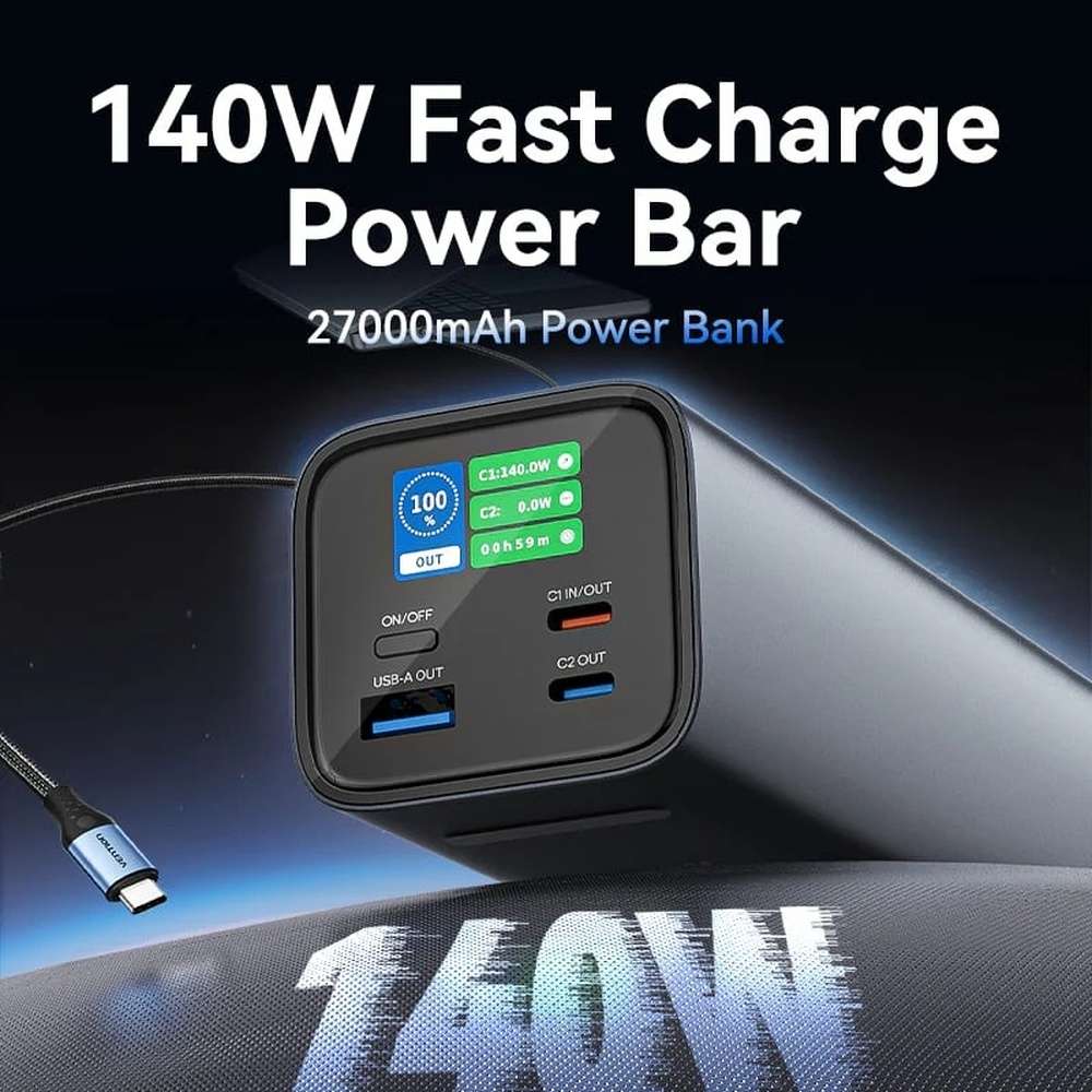 Powerbank VENTION 27000mAh 140W 5A PD QC3.0 Gray (FHVH0) Вхідний роз'єм USB Type-C