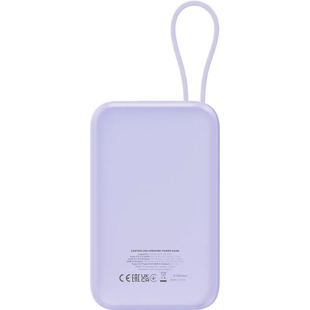 Powerbank CANYON OnPower 101 22.5W 10000mAh Purple (CNS-CPB101PU) Комплектация  Powerbank; Кабель Type-C; Руководство пользователя; Гарантийный талон