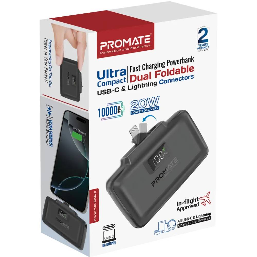 Powerbank PROMATE 10000mAh (powerup-10duo.black) Комплектація  Повербанк, Зарядний кабель USB-C/USB-C, Інструкція з експлуатації