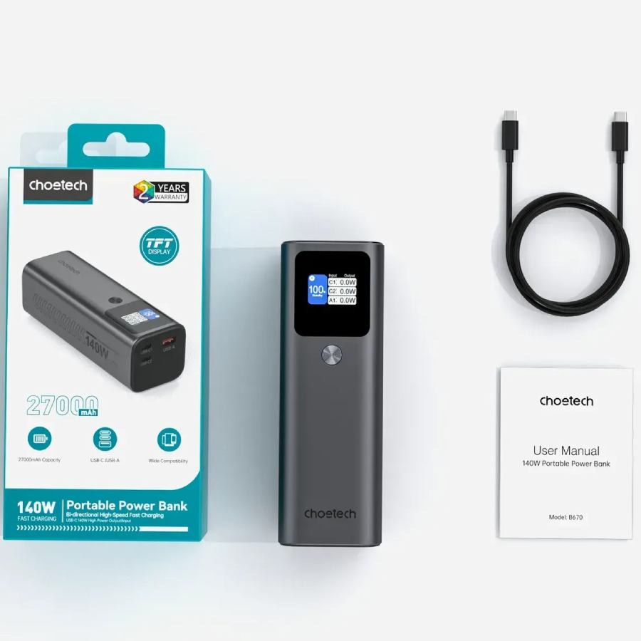 Powerbank CHOETECH PD 27000mAh 140W (B670) Тип аккумулятора Li-Pol