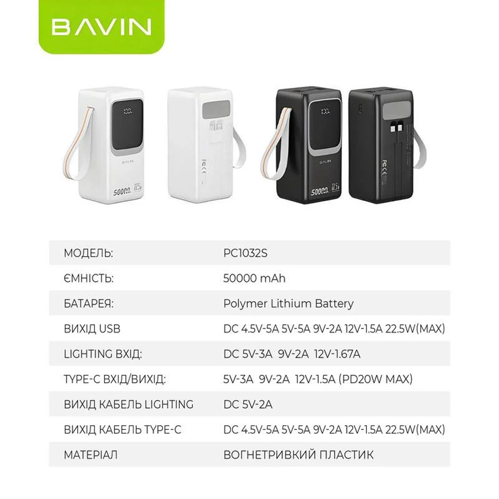 Зображення Ровербанк BAVIN PC1032S 50000 mAh 22.5W Black (Y-PC1032S BK)