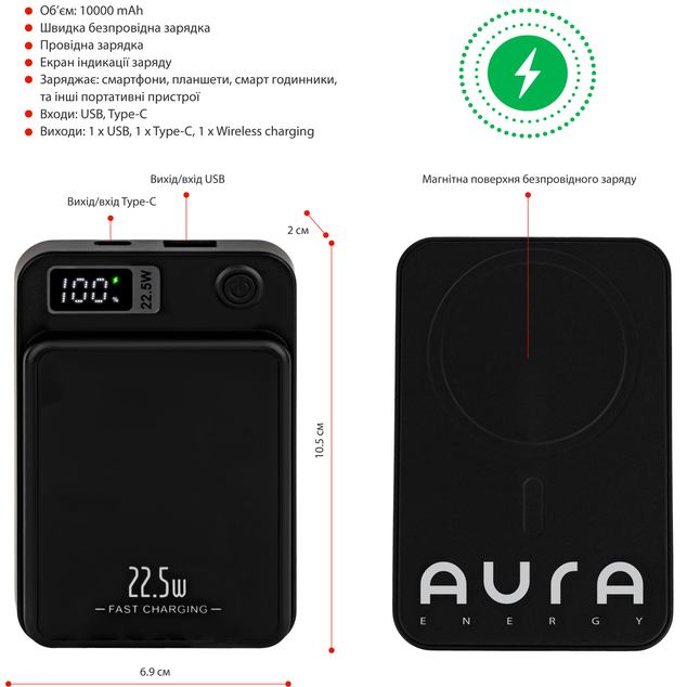 Внешний вид Powerbank AURA NRG10W 10000 mAh 22.5W Black (PBANRG10WB)