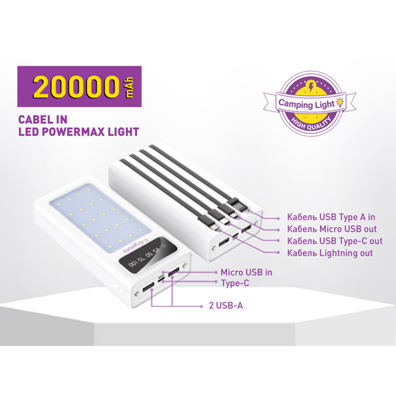 Powerbank Y-KRYPTONE N-24 LED Light 20000 mAh CABLE White (YK-N24LC-WH) Торгова марка Y-Kryptone