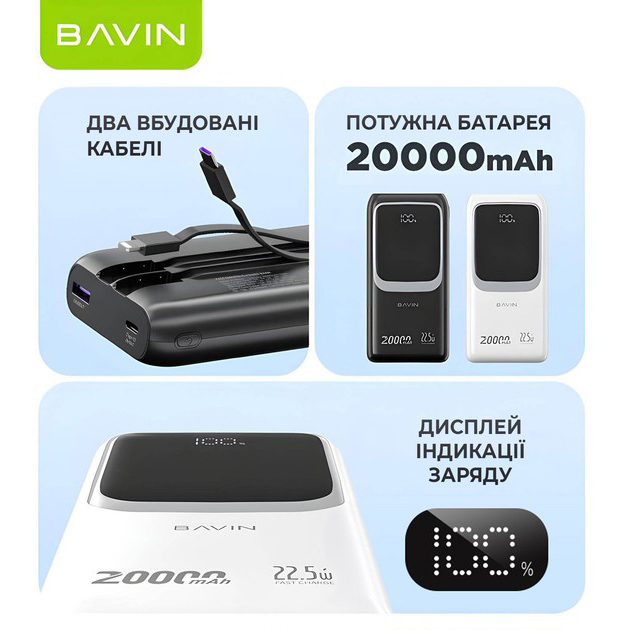 Powerbank BAVIN PC1030S 20000 mAh White (Y-PC1030S WH) Ємність 20000