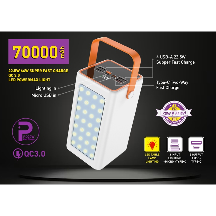 Powerbank Y-KRYPTONE GT-72 70000 mAh White (YK-GT72L-WH) Комплектация  Powerbank; Зарядный кабель USB - USB Type-C