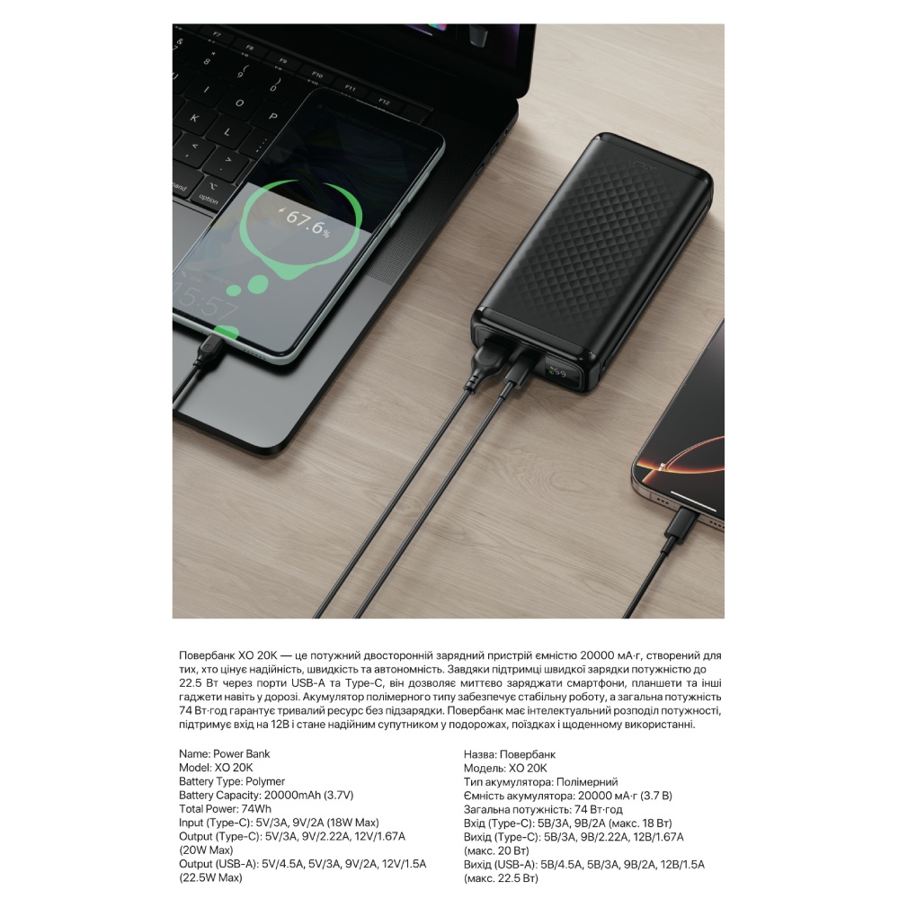 Зовнішній вигляд Powerbank XO 20K 20000 mAh 22.5W USB-C Black (XO-20K-225)