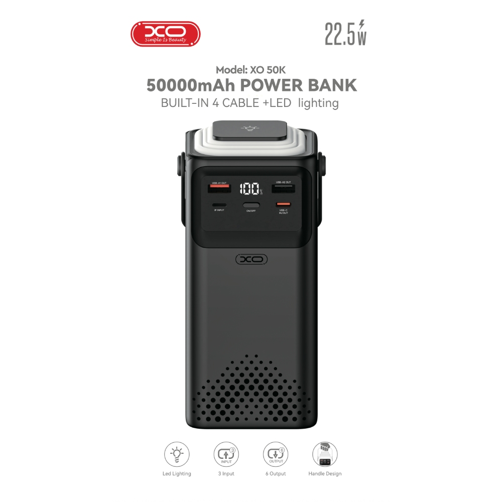 Powerbank XO 50K 50000 mAh 22.5W USB-C Black (XO-50K-225) Тип аккумулятора Li-Pol