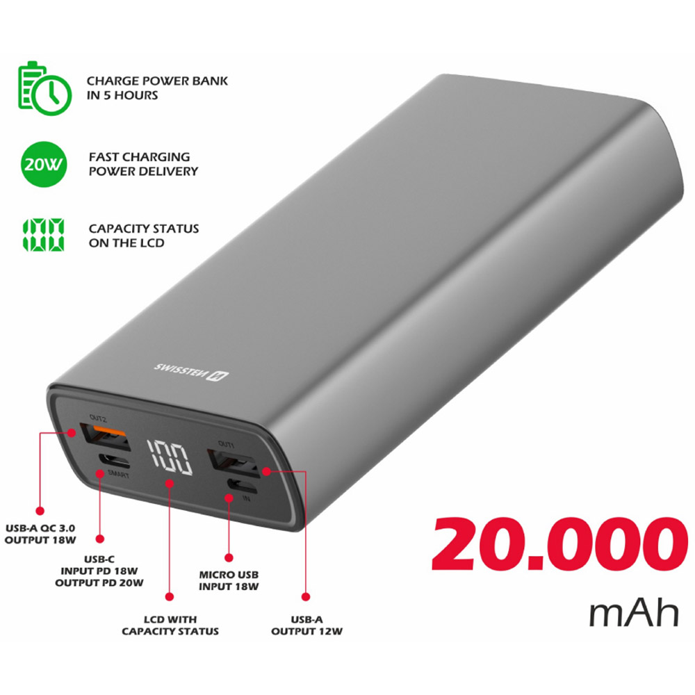 Powerbank SWISSTEN ALUMINUM 20000mAh Grey (8595217479852) Комплектація  Кабель USB Type C/USB Type C 3A 1 метр