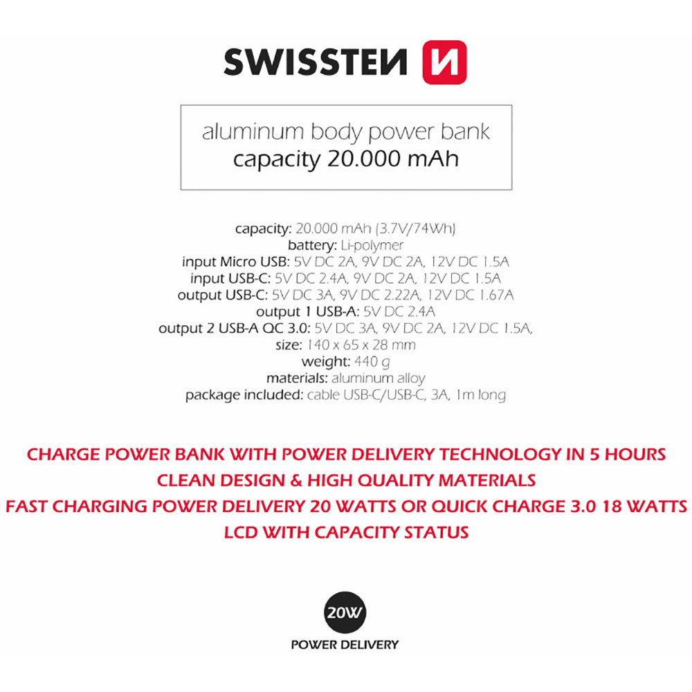 Powerbank SWISSTEN ALUMINUM 20000mAh Grey (8595217479852) Торгова марка SWISSTEN