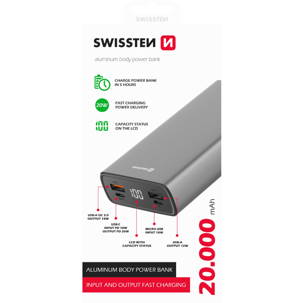 Powerbank SWISSTEN ALUMINUM 20000mAh Grey (8595217479852) Ємність 20000