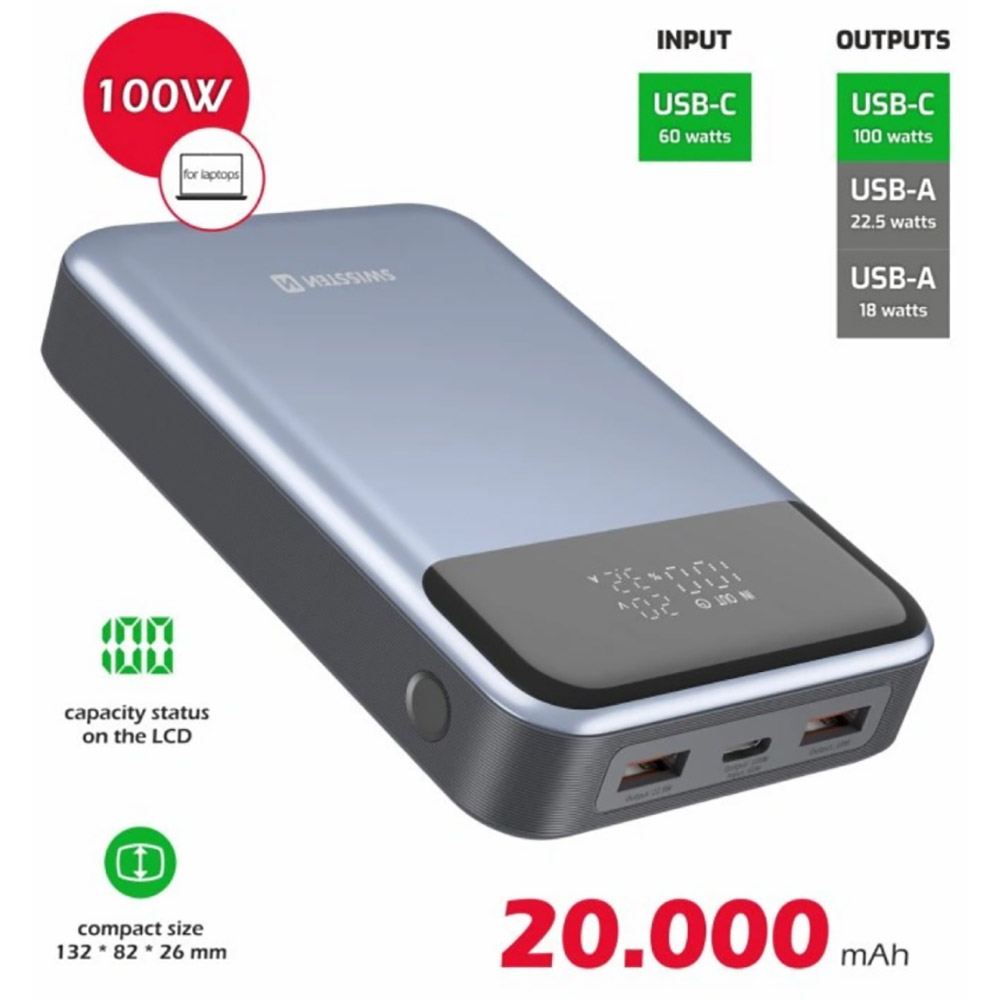 Powerbank SWISSTEN For Laptop 20000mAh 100W PD Black/Silver (8595217483781) Торгова марка SWISSTEN