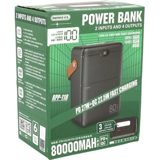 Powerbank REMAX RPP-118 80000mAh Black Тип аккумулятора Li-Pol