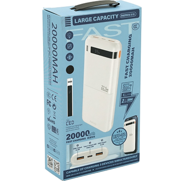 Powerbank REMAX 20000mAh PD 20W+QC 22.5W Black (RPP-72) Ємність 20000