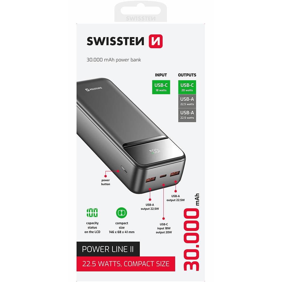 Powerbank SWISSTEN 30000 mAh POWER LINE II 22.5 Вт PD Black (8595217490635) Торговая марка SWISSTEN