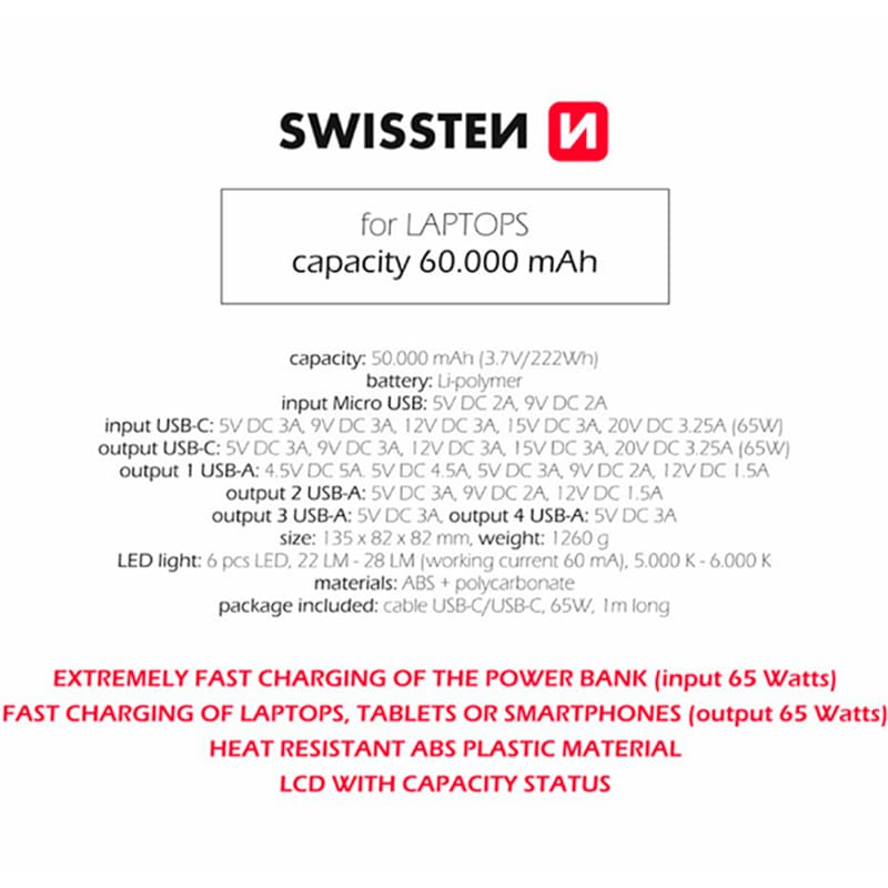 Powerbank SWISSTEN Power Line Bank For Laptop 60000 mAh 65W PD Black (8595217481299) Входной разъем micro-USB, USB Type-C