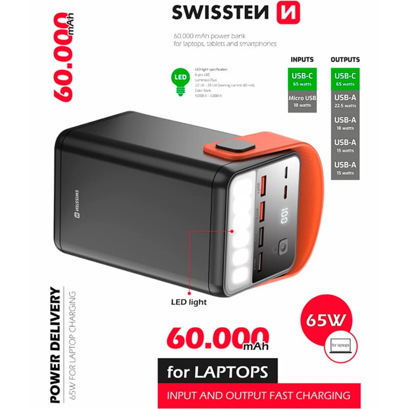 Powerbank SWISSTEN Power Line Bank For Laptop 60000 mAh 65W PD Black (8595217481299) Торговая марка SWISSTEN