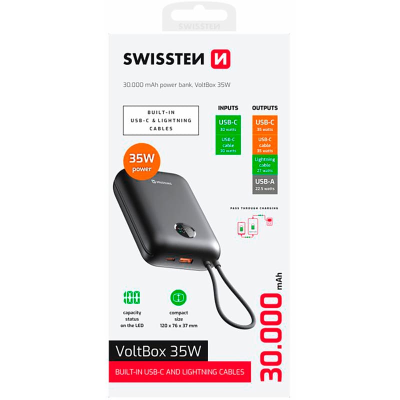 Powerbank SWISSTEN Voltbox 30000 mAh 35W PD Black (8595217490574) Тип акумулятора Li-Pol