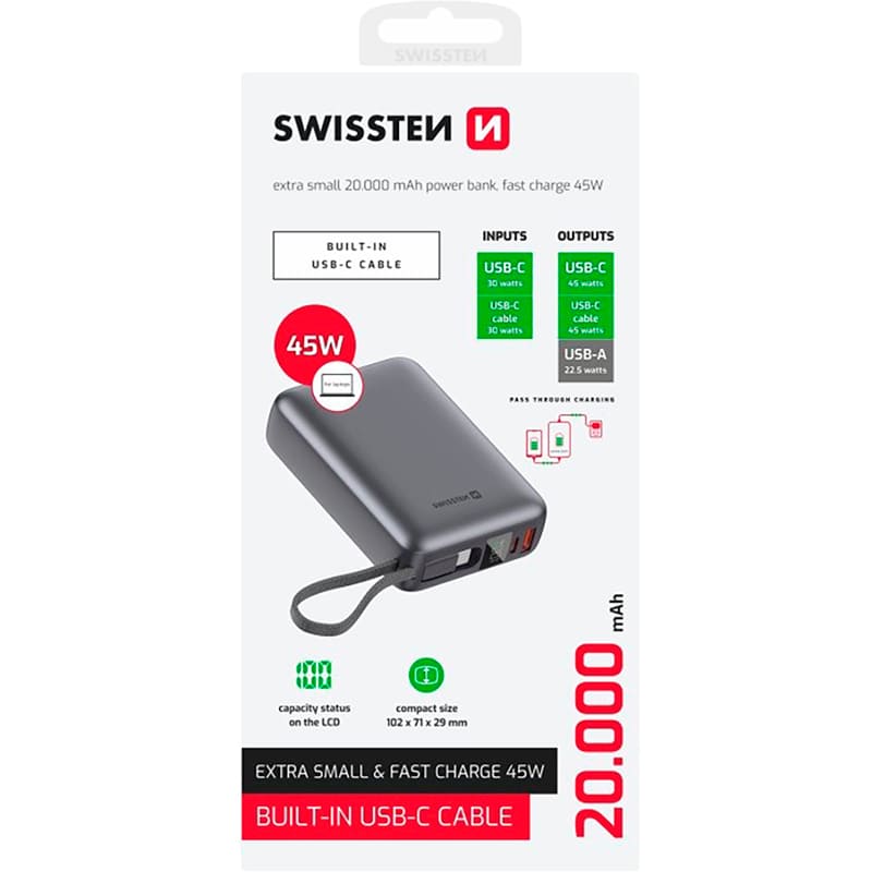 Фото Powerbank SWISSTEN 20000 mAh 45W Grey (8595217490833)