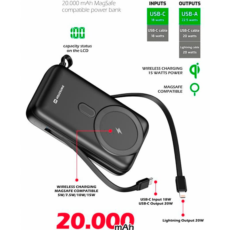 Powerbank SWISSTEN MagSafe 20000 mAh 22.5W Black (8595217484795) Тип акумулятора Li-Pol